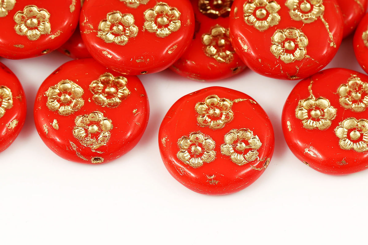 3 Flower Coins 21mm Opaque Red With Gold 1-hole Czech Beads