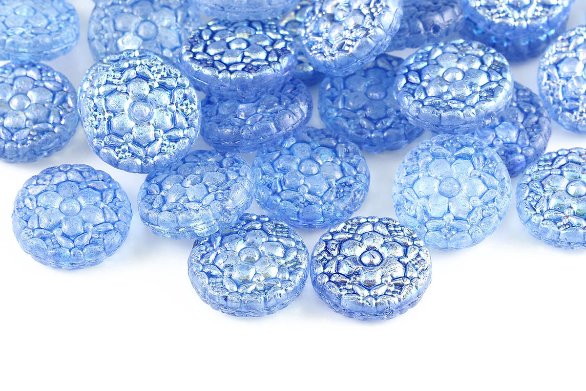 Flower Coins 18mm Crystal Blue AB Finish 1-hole Czech Beads