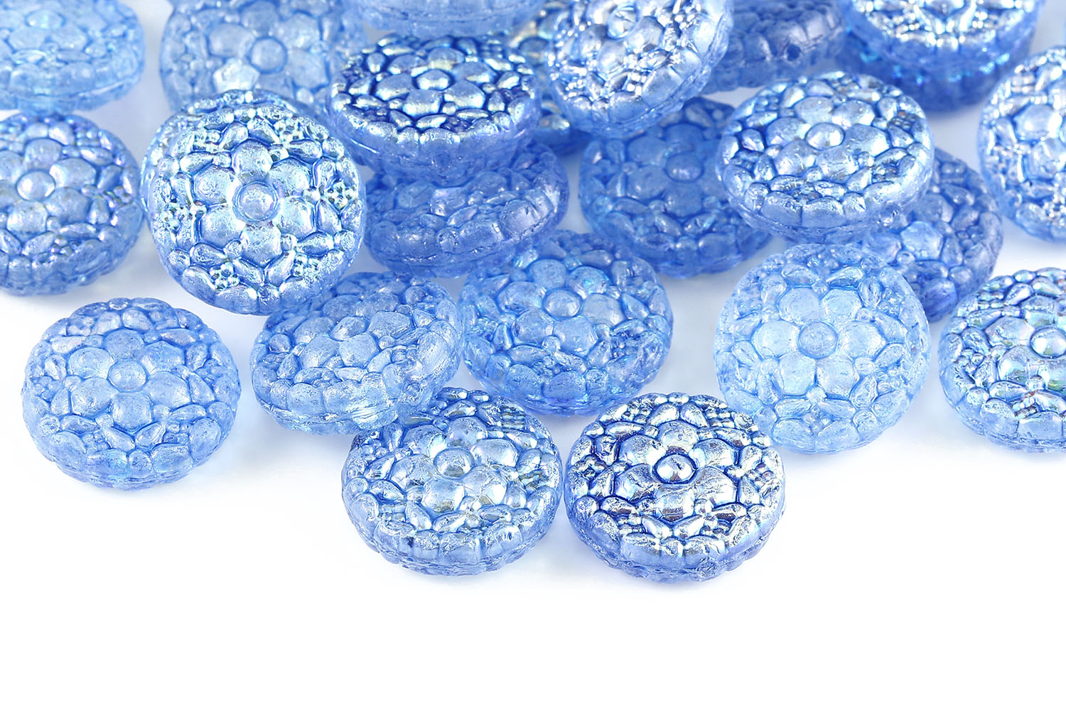 Flower Coins 18mm Crystal Blue AB Finish 1-hole Czech Beads