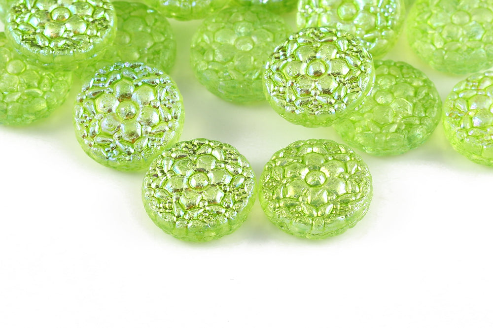 Flower Coins 18mm Crystal AB Moss Green 1-hole Czech Beads