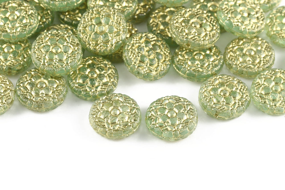 Flower Coins 18mm Crystal Chrysolite Mixed With Gold 1-hole Czech Beads