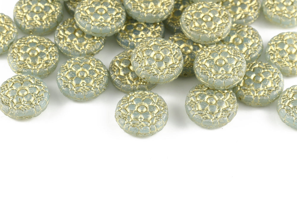 Flower Coins 18mm Crystal Aquamarine Mixed With Gold 1-hole Czech Beads