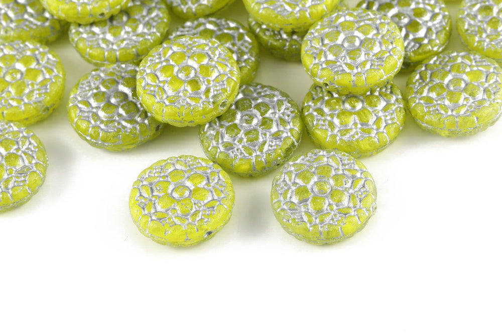 Flower Coins 18mm Crystal Acid Yellow Mixed With Silver 1-hole Czech Beads