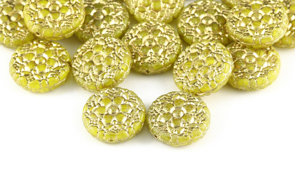 Flower Coins 18mm Crystal Acid Yellow Mixed With Gold 1-hole Czech Beads