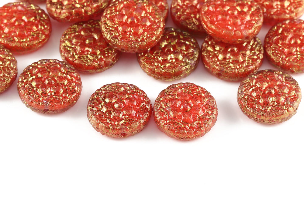 Flower Coins 18mm Lt.Siam Gold Marble 1-hole Czech Beads