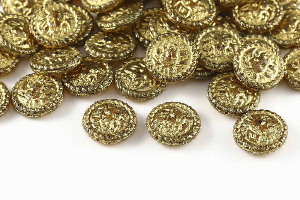 Lion Coins 18mm Crystal Travertin With Gold 1-Hole Czech Beads