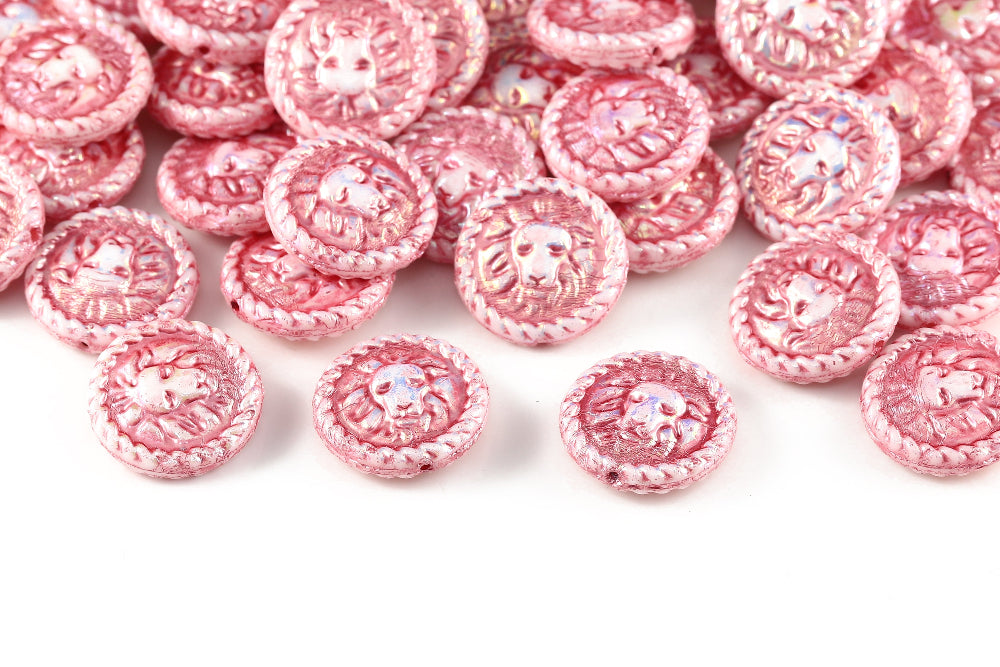Lion Coins 18mm Alabaster AB Full With Pink 1-Hole Czech Beads