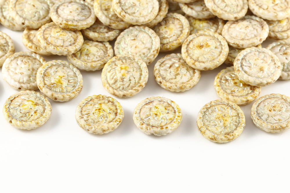 Lion Coins 18mm Alabaster Travertin With White 1-Hole Czech Beads