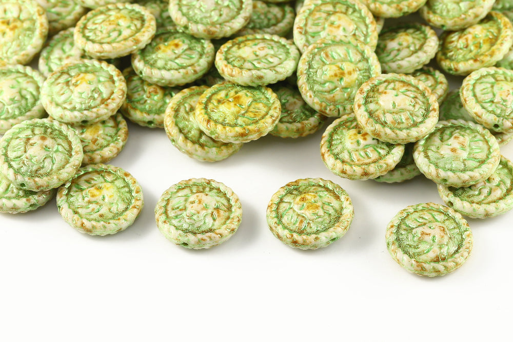 Lion Coins 18mm Alabaster Travertin With Green 1-Hole Czech Beads