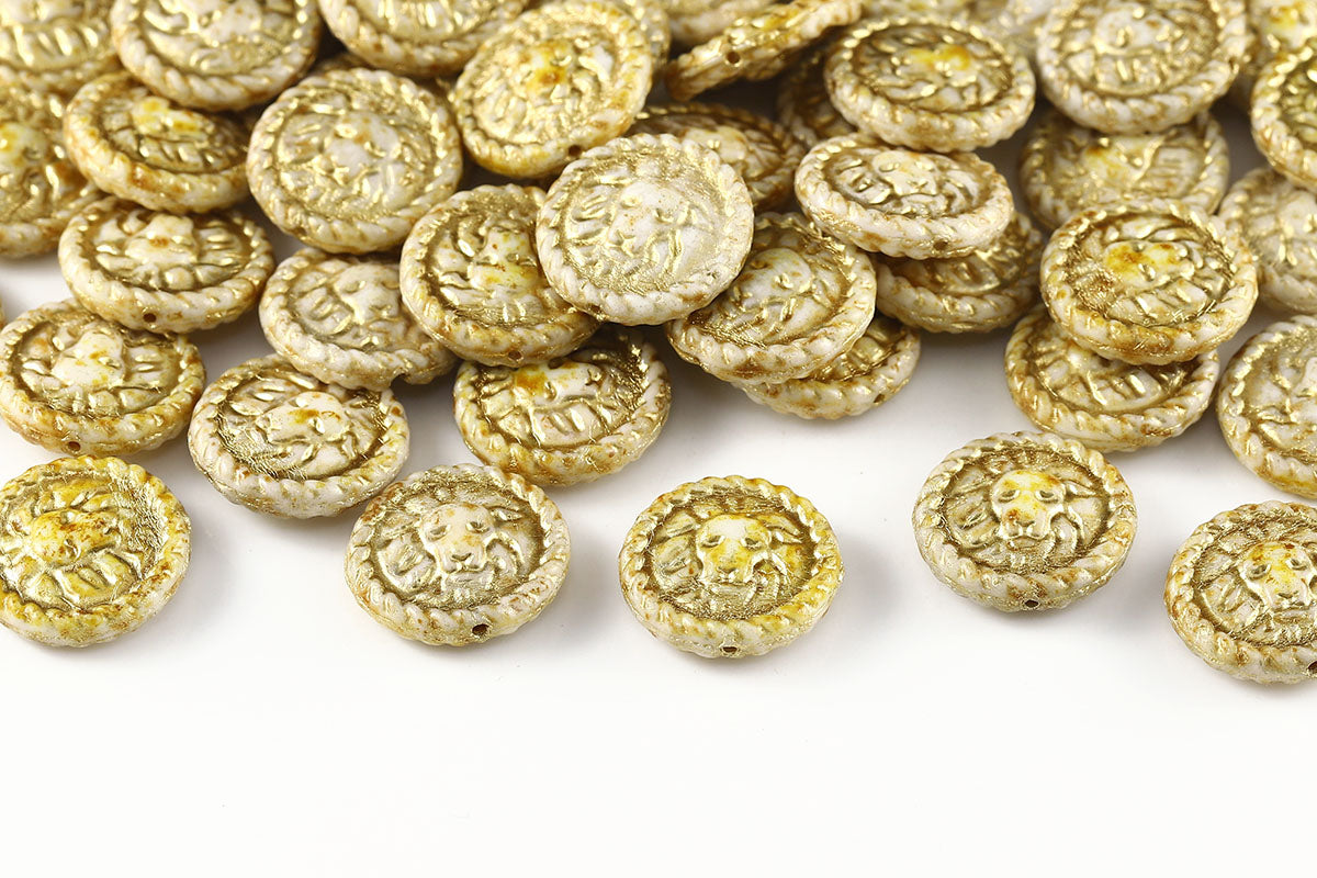 Lion Coins 18mm Chalk Travertin With Gold 1-Hole Czech Beads