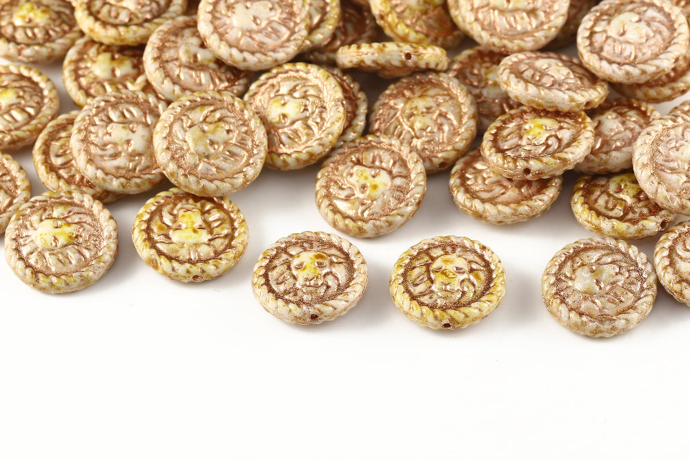Lion Coins 18mm Alabaster Travertin With Copper 1-Hole Czech Beads