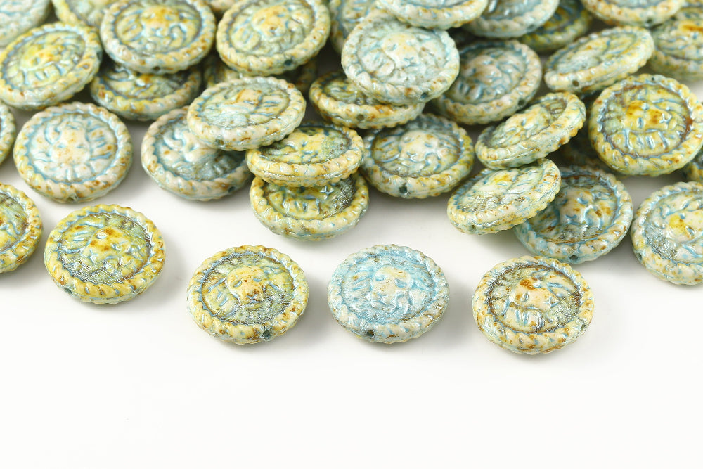 Lion Coins 18mm Alabaster Travertin With Blue 1-Hole Czech Beads