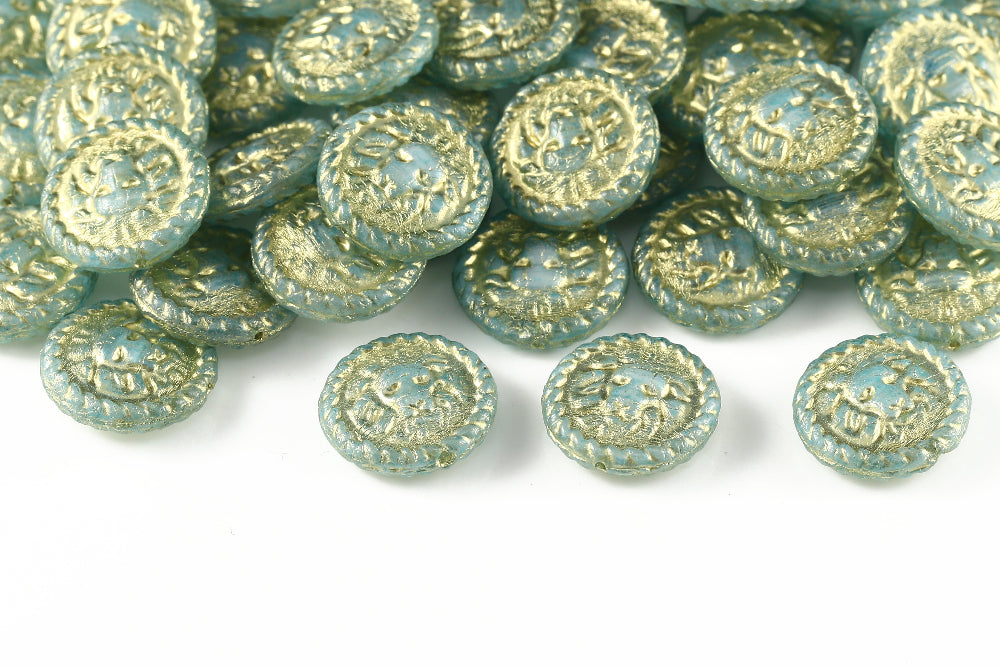Lion Coins 18mm Opal Aquamarine Mixed With Gold Aqua 1-Hole Czech Beads