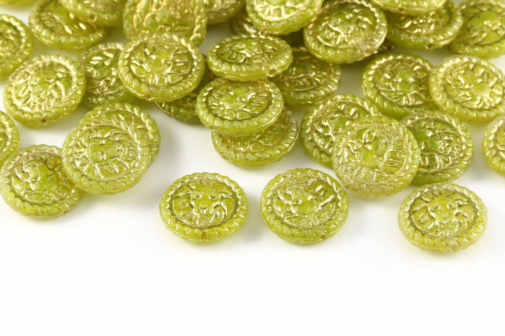 Lion Coins 18mm Limecicle With Gold 1-Hole Czech Beads