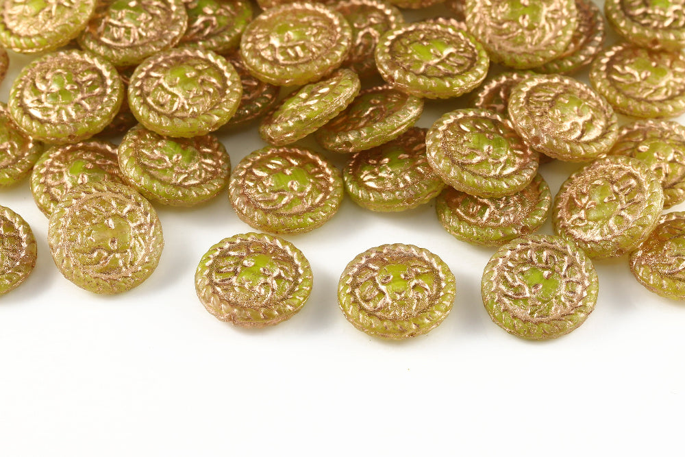 Lion Coins 18mm Limecicle With Copper 1-Hole Czech Beads