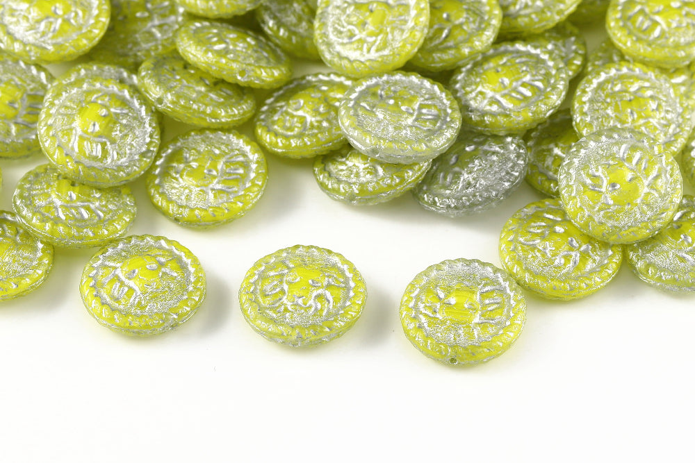 Lion Coins 18mm Crystal Acid Yellow Mixed With Silver 1-Hole Czech Beads