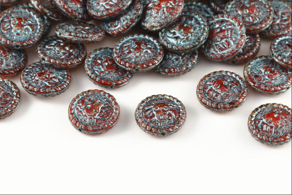 Lion Coins 18mm Crystal Lt.Siam Mixed Travertin With Blue 1-Hole Czech Beads