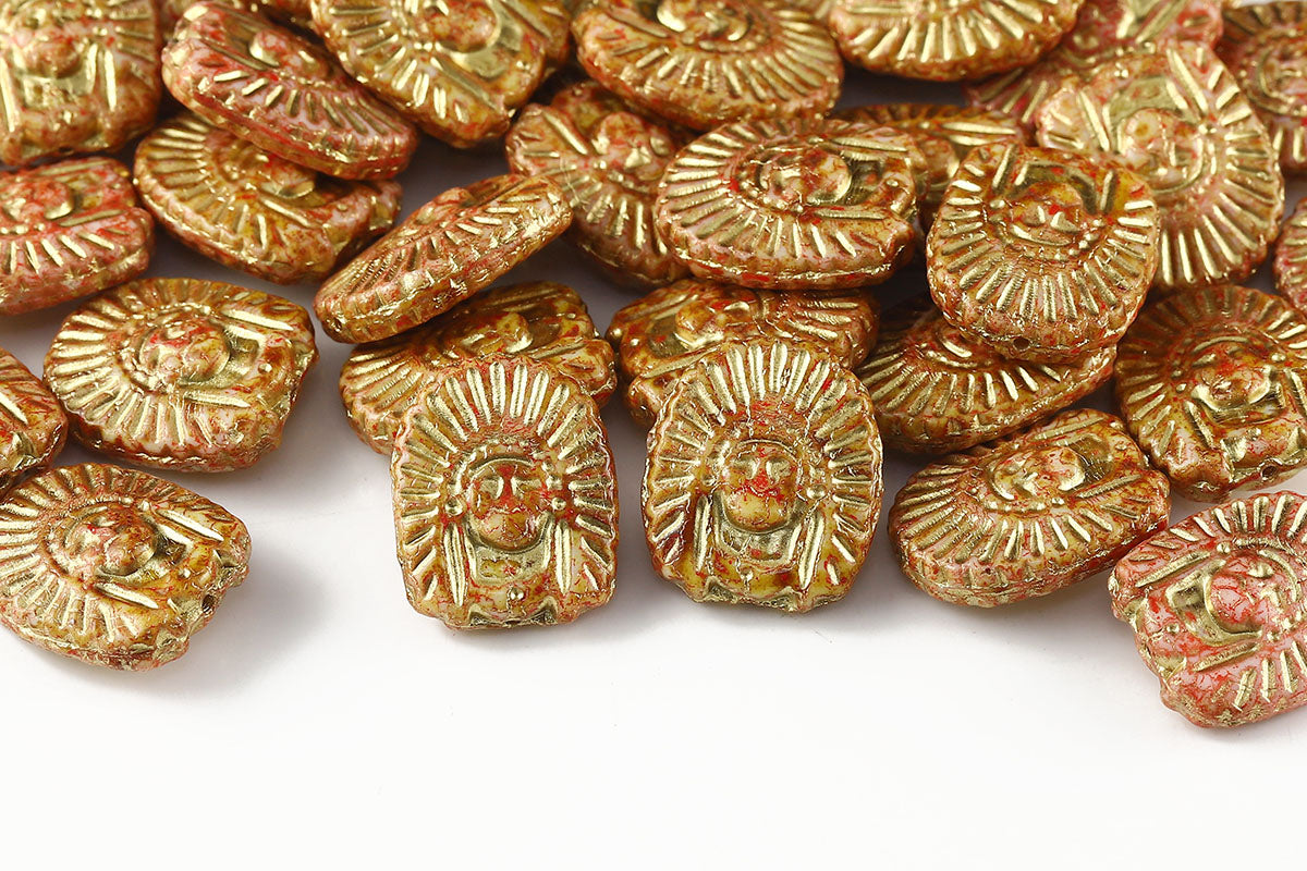 Indians 20×16mm Chalk Travertin Red Finish With Gold 1-Hole Czech Beads