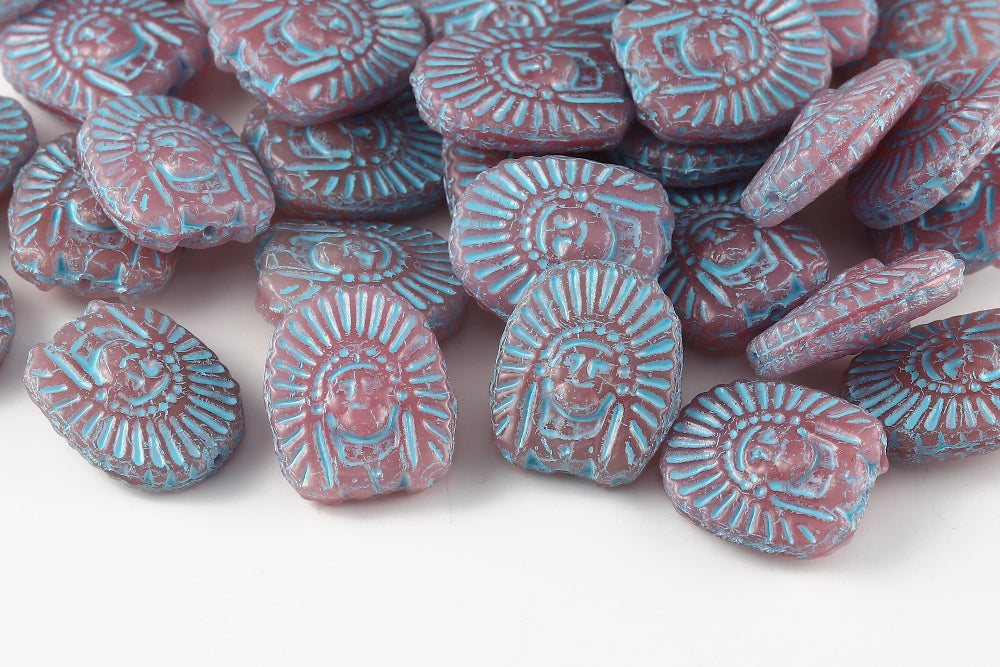 Indians 20×16mm Opaque Rose With Blue 1-Hole Czech Beads