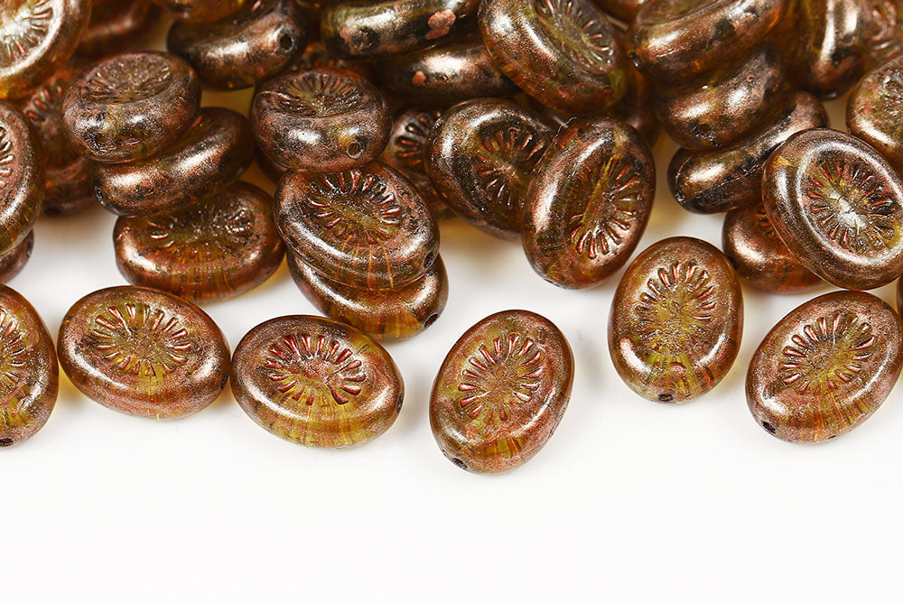 Kiwi 14×10mm Olivine Copper Finish 1-hole Czech Beads