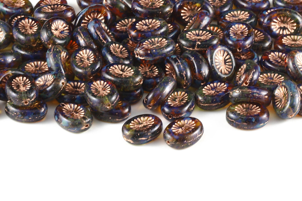Kiwi 14×10mm Topaz Sapphire Mixed Travertin With Copper 1-hole Czech Beads