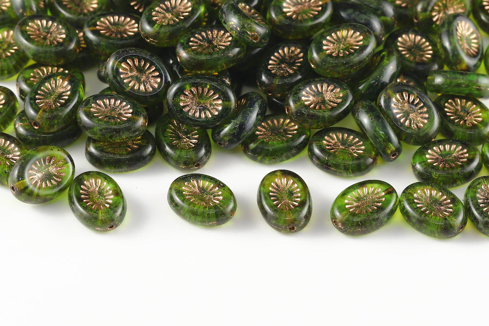 Kiwi 14×10mm Olivine Travertin With Copper 1-hole Czech Beads