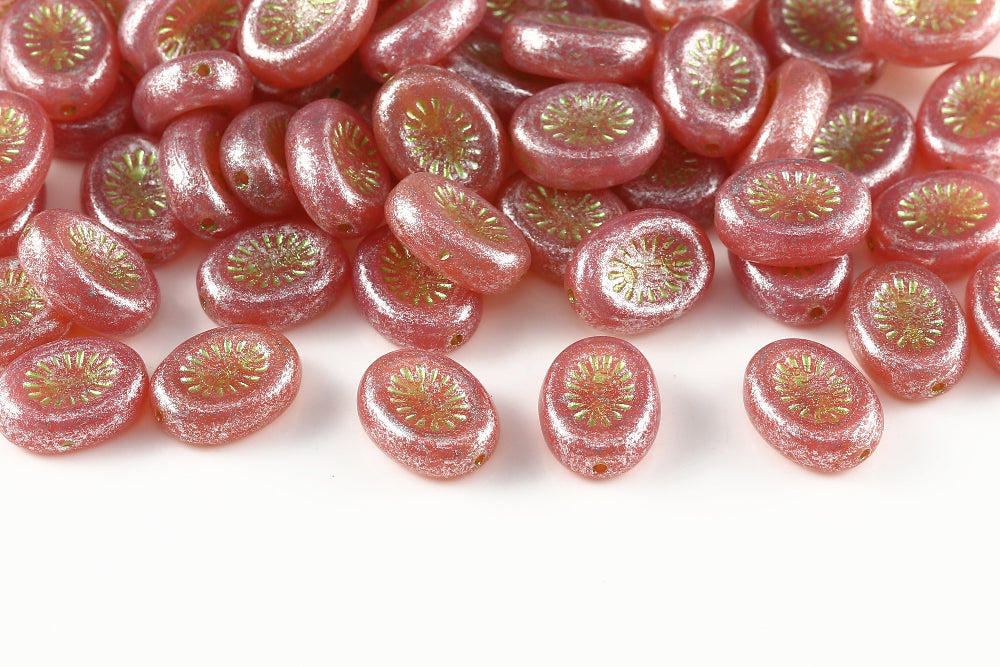 Kiwi 14×10mm Opal Peach Silver With Green 1-hole Czech Beads