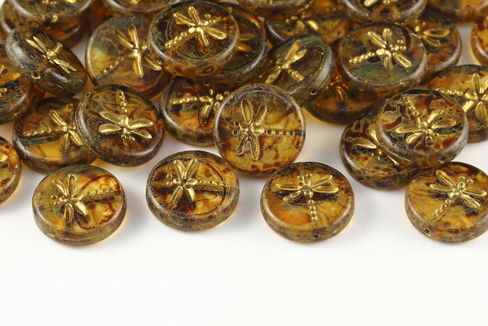 Dragonfly 17mm Crystal Travertin With Gold 1-Hole Czech Beads