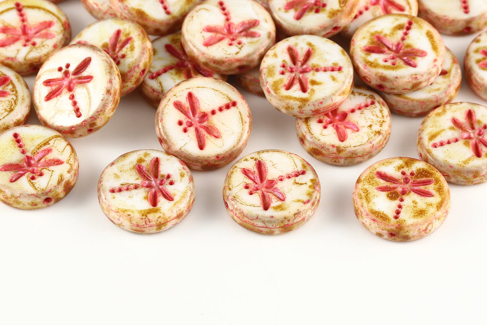 Dragonfly 17mm Alabaster Travertin With Pink 1-Hole Czech Beads