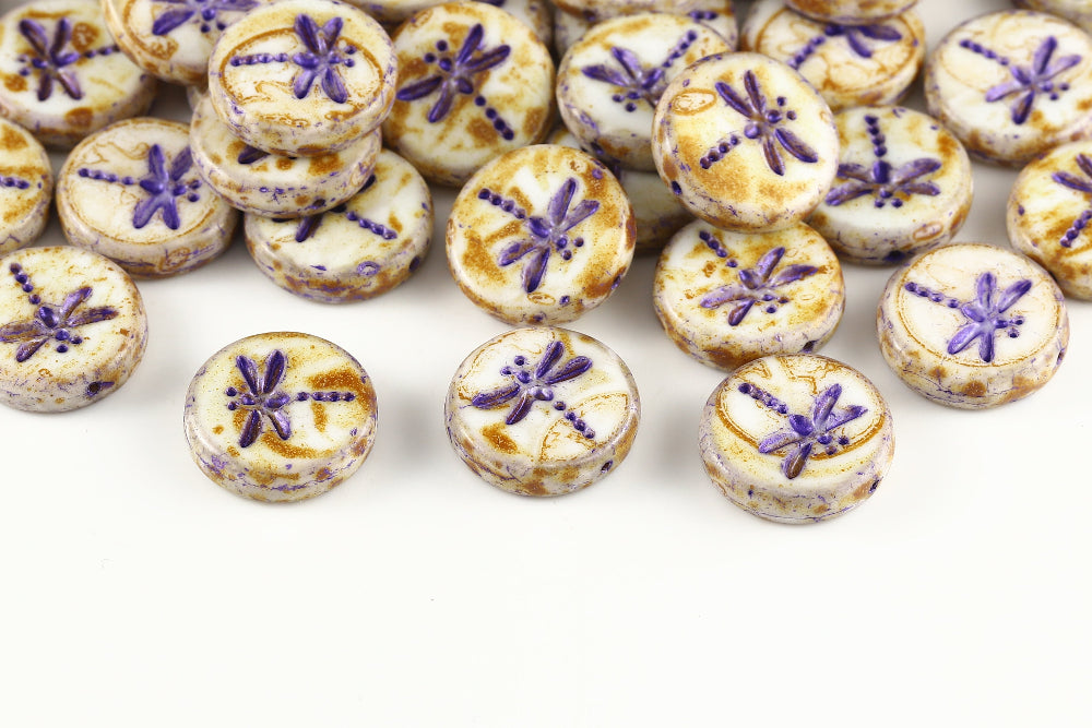 Dragonfly 17mm Alabaster Travertin With Purple 1-Hole Czech Beads