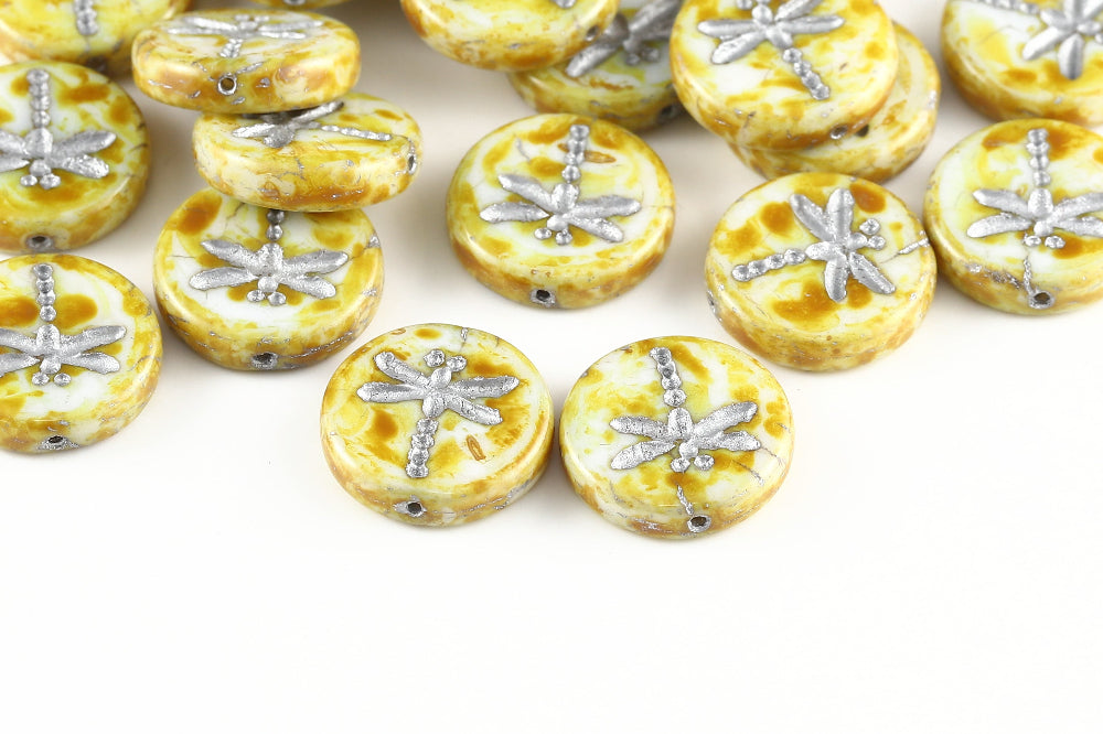 Dragonfly 17mm Alabaster Travertin With Silver 1-Hole Czech Beads