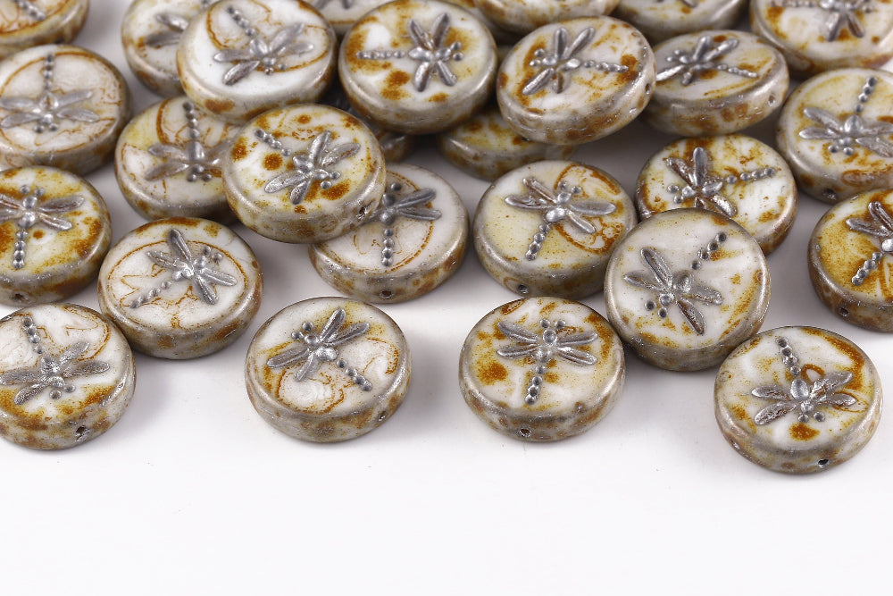 Dragonfly 17mm Alabaster Travertin With Silver 1-Hole Czech Beads