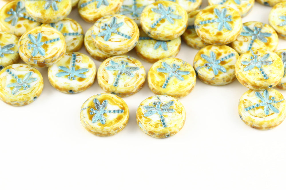 Dragonfly 17mm Alabaster Travertin With Blue 1-Hole Czech Beads