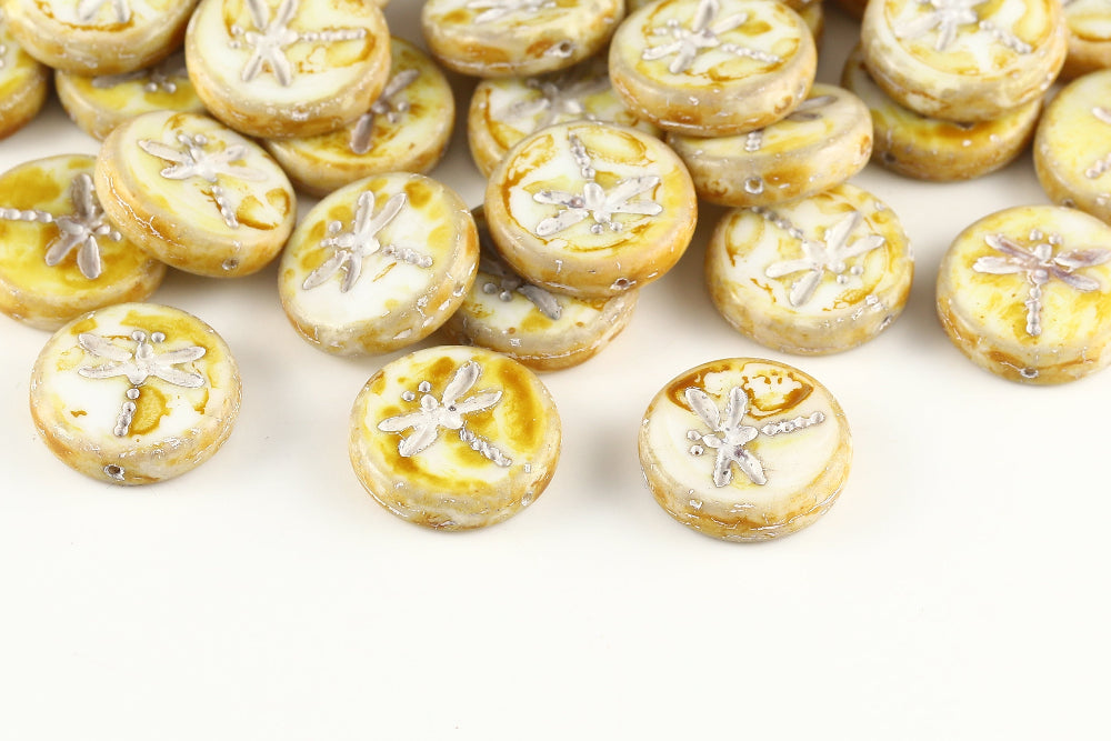 Dragonfly 17mm Alabaster Travertin With White 1-Hole Czech Beads
