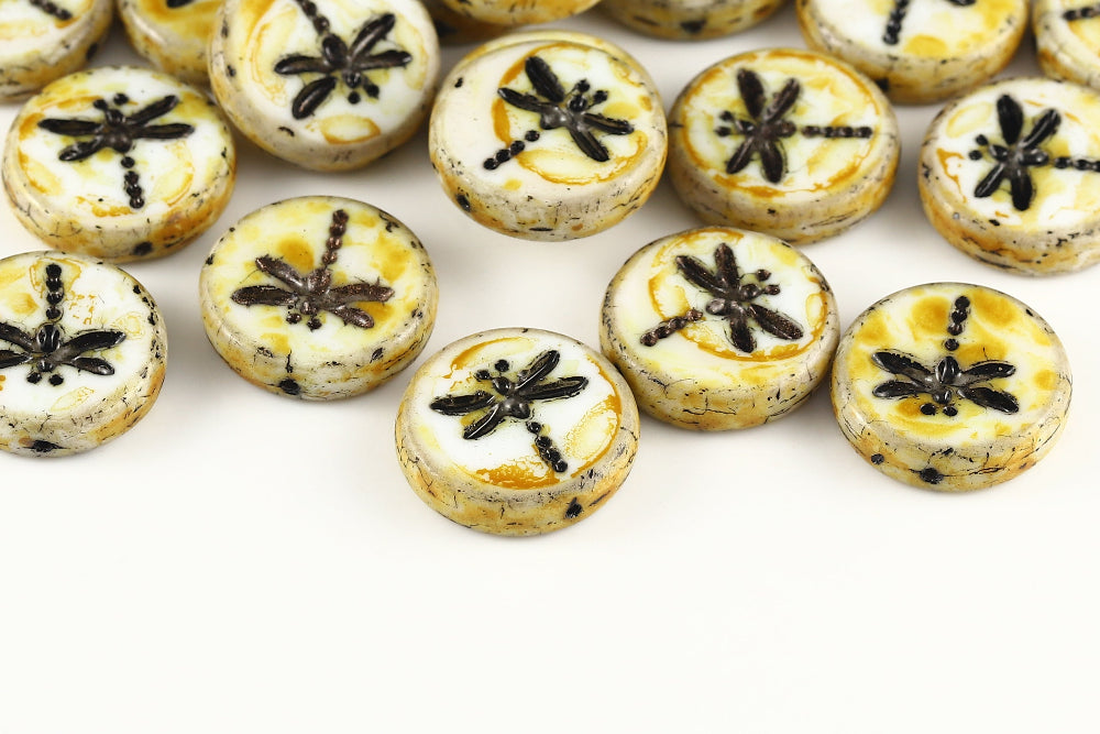 Dragonfly 17mm Alabaster Travertin With Black 1-Hole Czech Beads