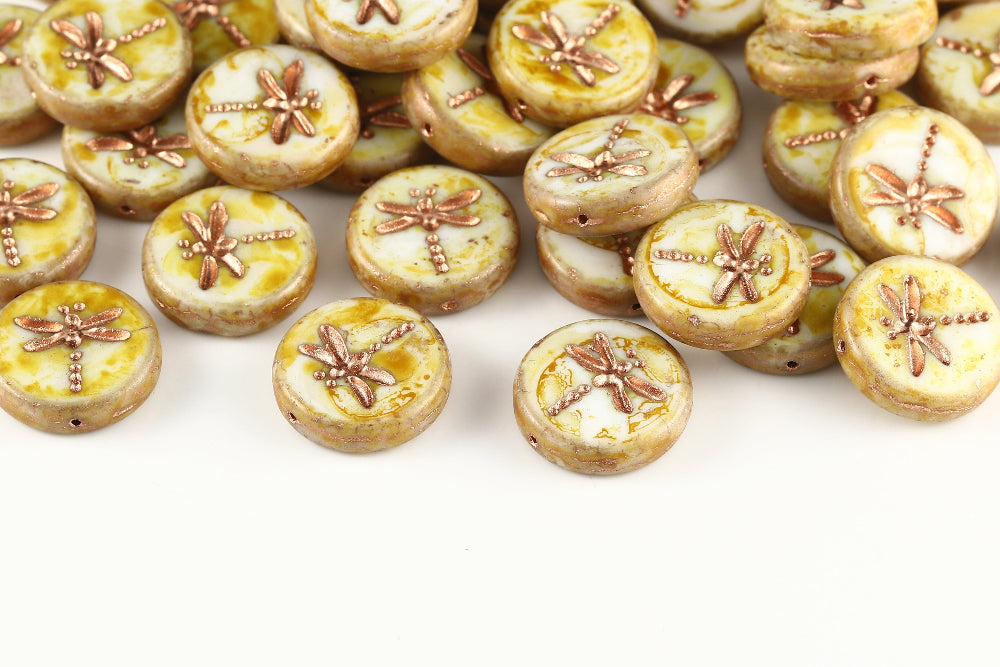 Dragonfly 17mm Alabaster Travertin With Copper 1-Hole Czech Beads