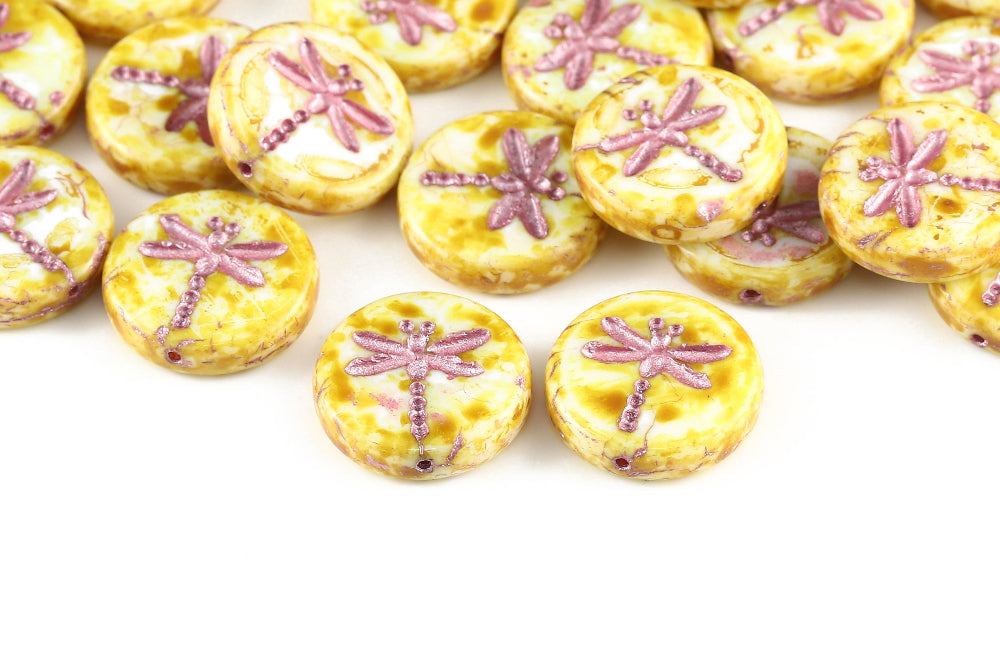 Dragonfly 17mm Alabaster Travertin With Pink 1-Hole Czech Beads