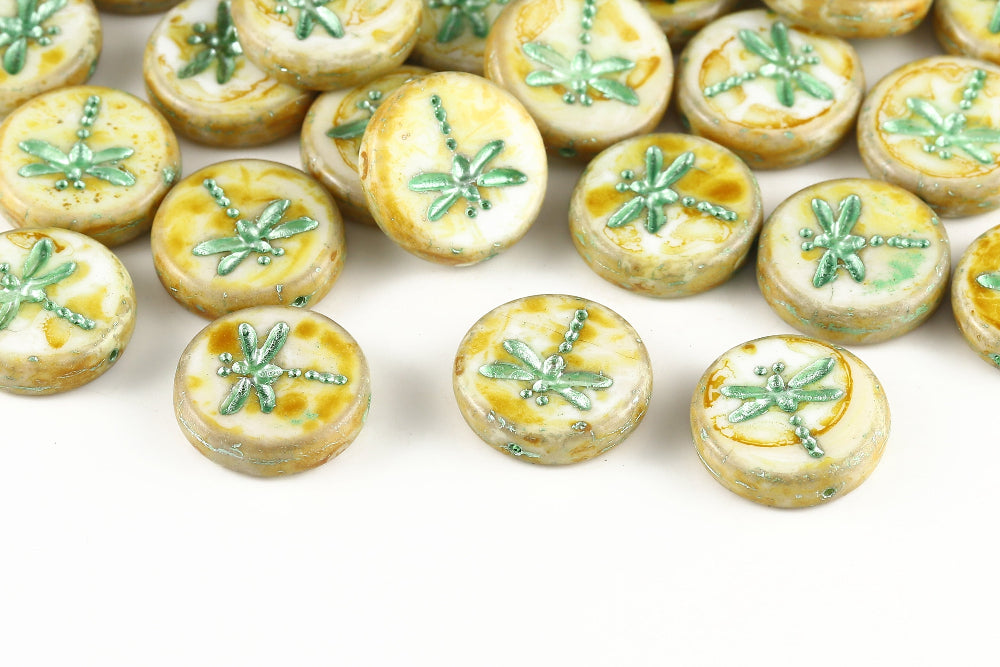 Dragonfly 17mm Alabaster Travertin With Metallic Green 1-Hole Czech Beads
