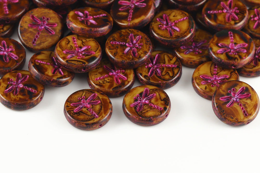 Dragonfly 17mm Topaz Travertin With Fuchsia 1-Hole Czech Beads