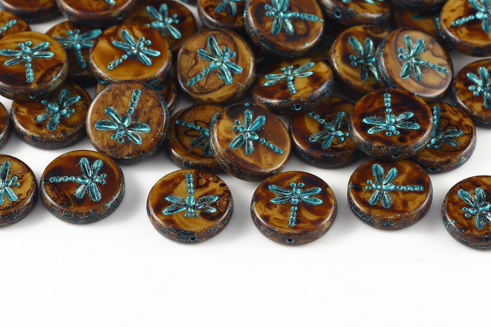 Dragonfly 17mm Topaz Travertin With Blue 1-Hole Czech Beads