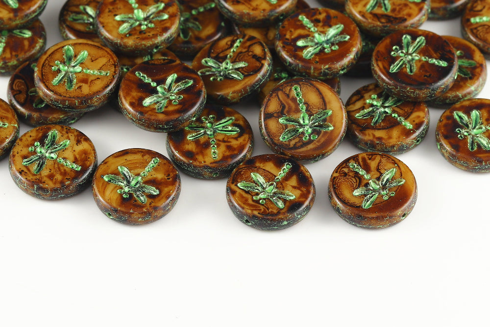 Dragonfly 17mm Topaz Travertin With Metallic Green 1-Hole Czech Beads
