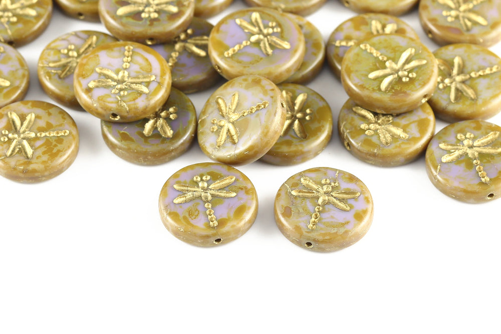 Dragonfly 17mm Opal Purple Travertin With Gold 1-Hole Czech Beads