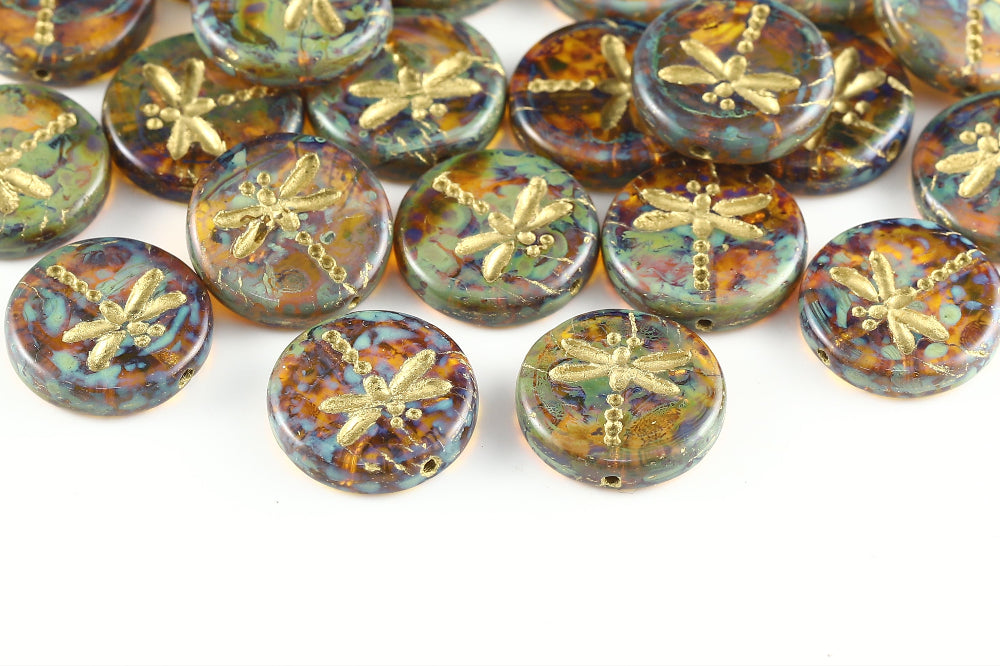 Dragonfly 17mm Lt.Yellow Travertin With Gold 1-Hole Czech Beads