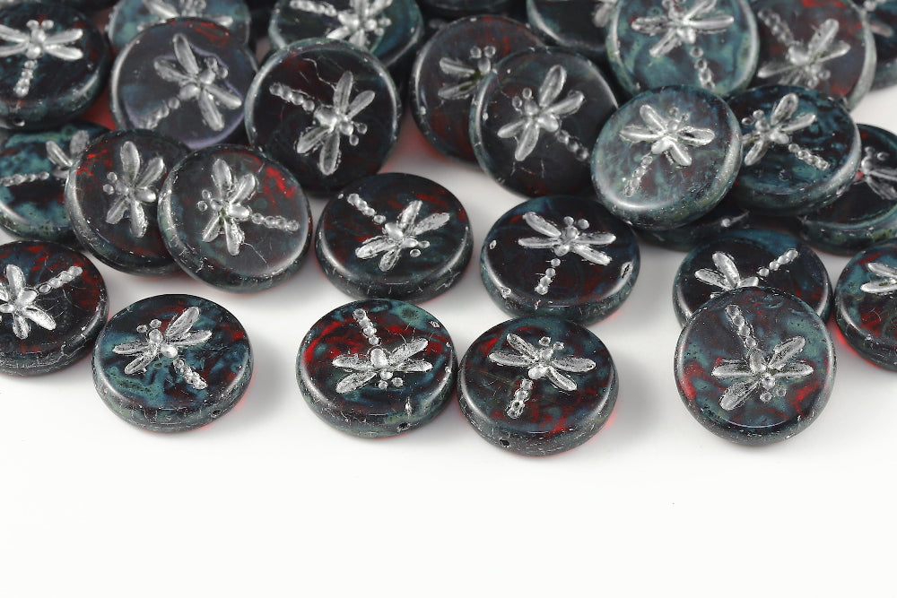 Dragonfly 17mm Lt.Siam Travertin With Silver 1-Hole Czech Beads