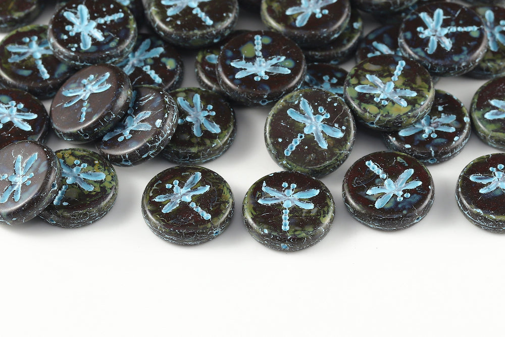 Dragonfly 17mm Opaque Coral Red Travertin With Blue 1-Hole Czech Beads
