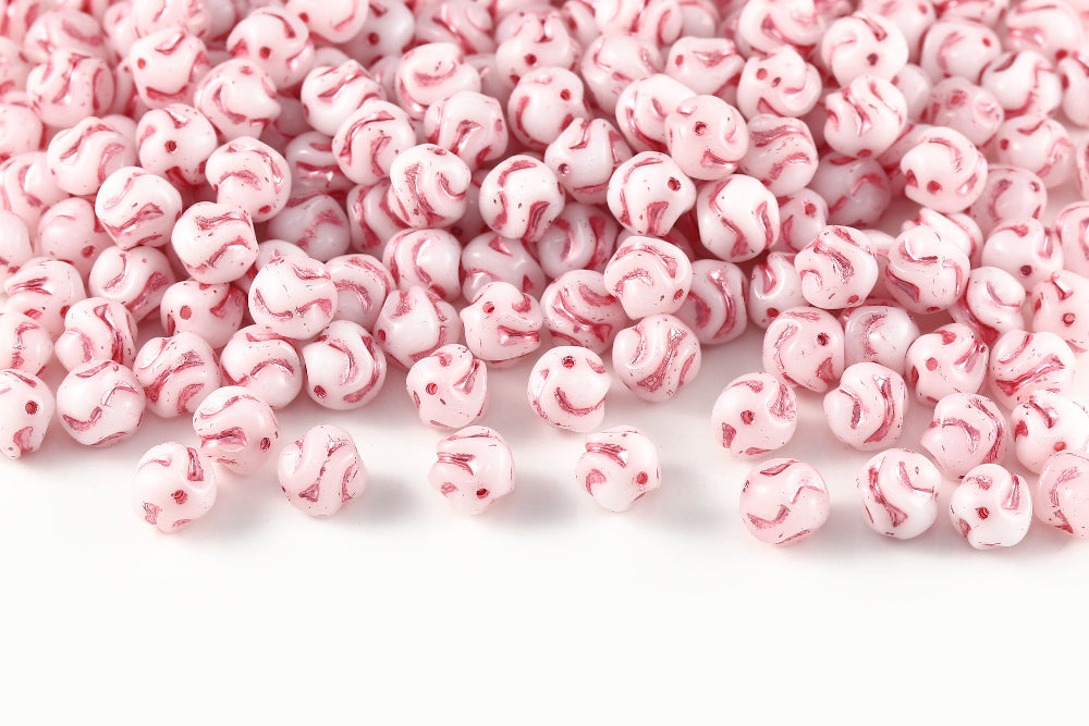 Yarn Ball 8mm Alabaster With Pink 1-Hole Czech Beads