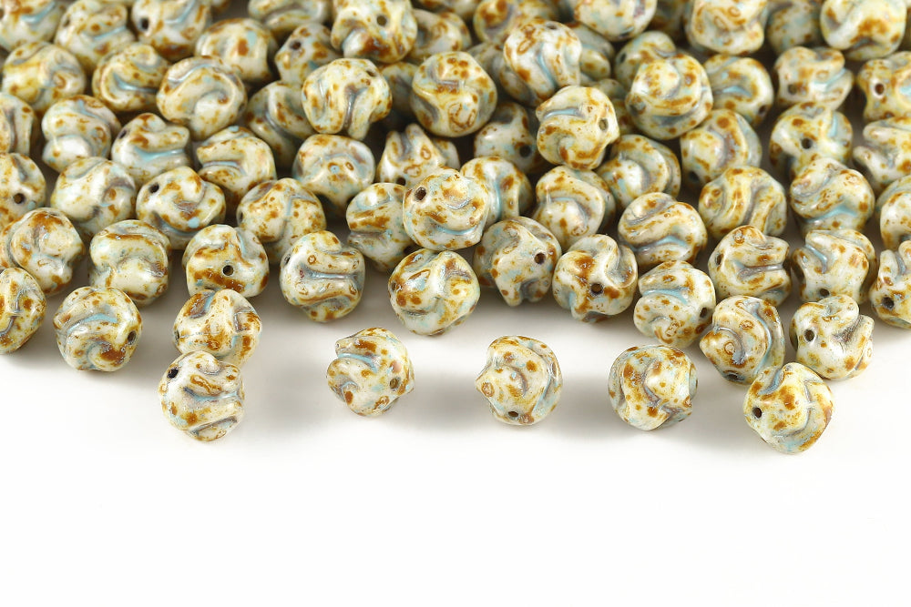 Yarn Ball 8mm Alabaster Travertin With Blue 1-Hole Czech Beads