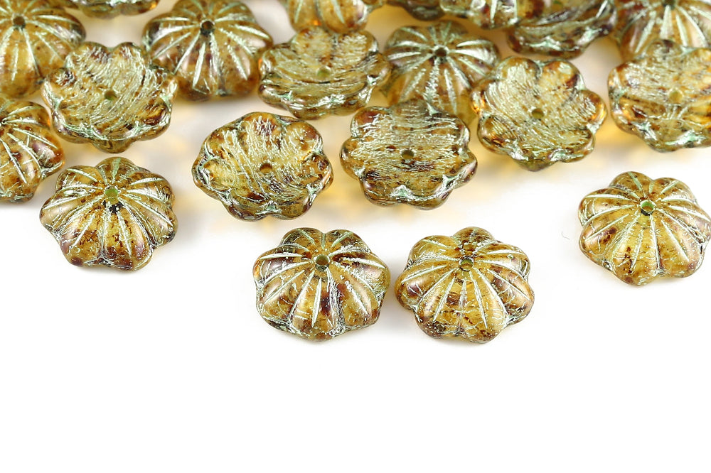 Bell Flowers 5×14mm Crystal Travertin With Metallic Green 1-Hole Czech Beads