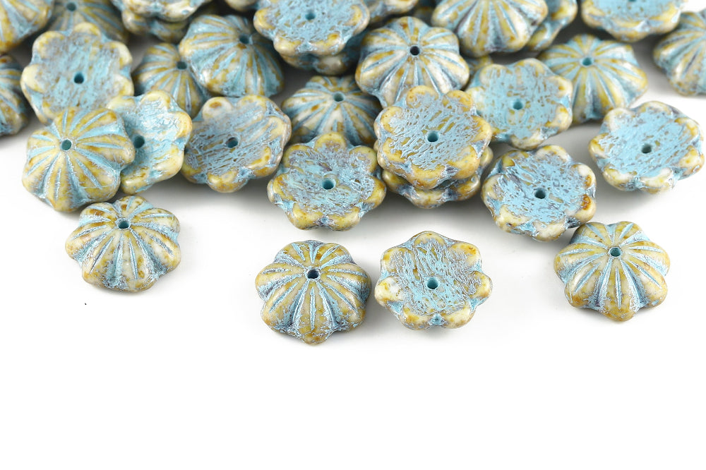 Bell Flowers 5×14mm Alabaster Travertin With Blue 1-Hole Czech Beads