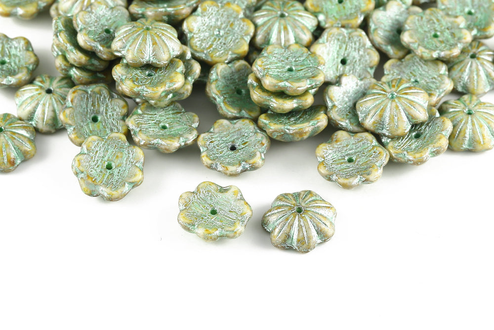 Bell Flowers 5×14mm Alabaster Travertin With Metallic Green 1-Hole Czech Beads